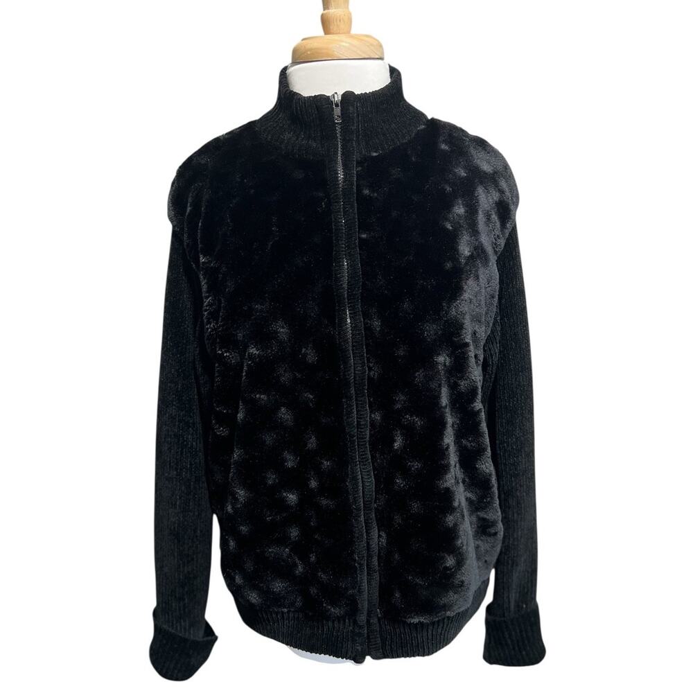Lisa International Women’s M Black Faux Fur Ribbed Sweater Jacket Full Zip
